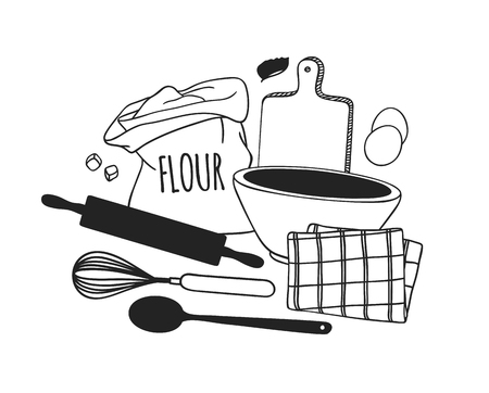 Hand drawn illustration cooking tools, dishes and food. Creative ink art work. Actual vector drawing. Kitchen setのイラスト素材