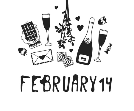 Hand drawn Fashion Illustration Romantic Objects and quote. Creative ink art work. Actual vector drawing of Holiday things. Happy Valentine's Day set and text FEBRUARY 14のイラスト素材