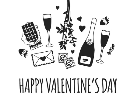 Hand drawn Fashion Illustration Romantic Objects and quote. Creative ink art work. Actual vector drawing of Holiday things. Happy Valentine's Day set and text HAPPY VALENTINE'S DAYのイラスト素材