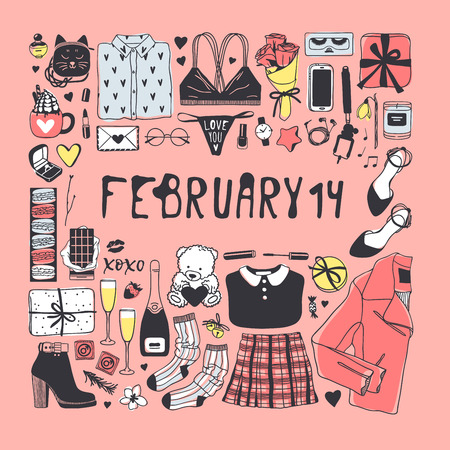 Hand drawn Fashion Illustration Romantic Objects and quote. Creative ink art work. Actual vector drawing of Holiday things. Happy Valentine's Day set and text FEBRUARY 14のイラスト素材