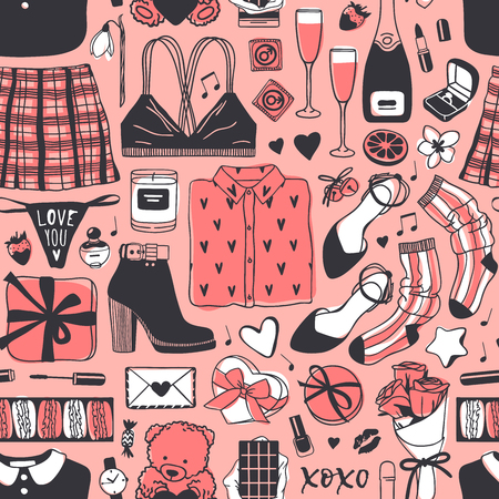Hand drawn Fashion Seamless patterm with Romantic Objects and wear. Creative ink art work. Actual vector drawing of Holiday things. Happy Valentine's Day Illustrationのイラスト素材