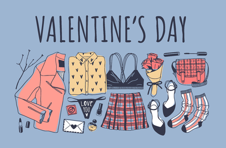 Hand drawn Fashion Illustration Romantic Objects and quote. Creative ink art work. Actual vector drawing of Holiday things. Happy Valentine's Day set and text VALENTINE'S DAYのイラスト素材