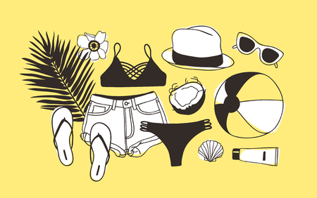 Hand drawn summer pattern. Ttropical vector background. Artistic doddle drawing. Creative ink art work. Fashion illustration season objectsのイラスト素材