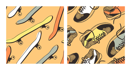 Set of hand drawn fashion illustration sneakers and skateboard. Creative ink art work. Actual vector seamless patterns with shoes and skatesのイラスト素材