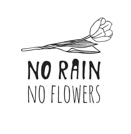 Hand drawn Spring Fashion illustration flower and quote NO RAIN, NO FLOWERS. Black and white actual season vector background. Artistic doddle drawing tulip and text. Creative ink art workのイラスト素材