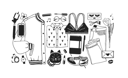 Hand drawn Spring Fashion illustration wear. Actual Season vector background. Black and white Artistic doddle drawing skirt, bra, shirt, snikers, socks, bag, phone, headphones. Creative ink art workのイラスト素材