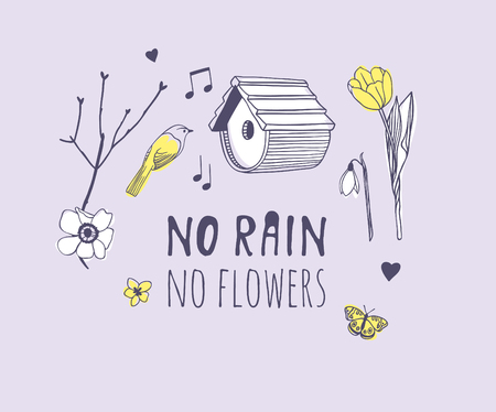 Hand drawn Spring Fashion illustration objects and quote NO RAIN, NO FLOWERS. Actual Season vector on violet background. Artistic doddle drawing nesting box, bird, flowers and text. Creative ink art workのイラスト素材