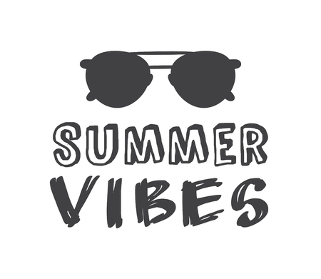 Hand drawn Illustration Sun. Doodle style element and Summer Quote. Yellow Solar System Objects with positive text SUMMER VIBESのイラスト素材