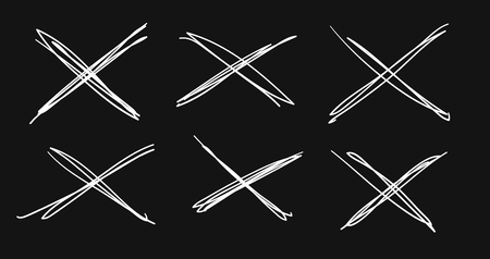 Hand drawn set of objects for design use. White Vector doodle cross lines on black background.  Abstract pencil drawing stripes. Artistic illustration grunge elements strokesのイラスト素材