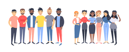 Set of a group of different men and women. Cartoon style characters of different races, gender. Vector illustration caucasian, asian and african american peopleのイラスト素材