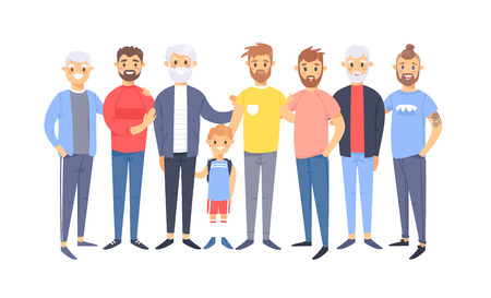 Set of a group of different caucasian men. Cartoon style european characters of different ages. Vector illustration american  peopleのイラスト素材