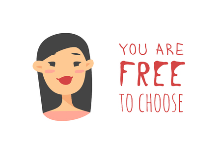 Cartoon style character Asian American girl. Vector illustration japanese or chinese women and feminism quote YOU ARE FREE TO CHOOSEのイラスト素材