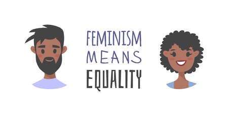 Cartoon style characters African American or European girl and boy. Vector illustration black women, men and feminism quote FEMINISM MEANS EQUALITYのイラスト素材