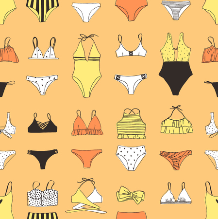 Hand drawn summer bikini illustration. Actual tropical vector seamless background. Artistic doodle drawing pattern. Creative ink art workのイラスト素材