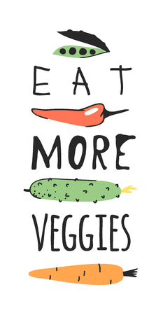Hand drawn set of vegetables, fruits and eco friendly words. Vector artistic doodle drawing food and Vegan quote. Vegetarian illustration and positive text EAT MORE VEGGIESのイラスト素材