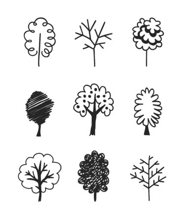 Hand drawn set of trees. Eco background. Abstract  doodle drawing woods. Vector art illustration plantsのイラスト素材