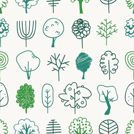 Hand drawn seamless pattern with trees. Eco background. Abstract  doodle drawing woods. Vector art illustration plantsのイラスト素材