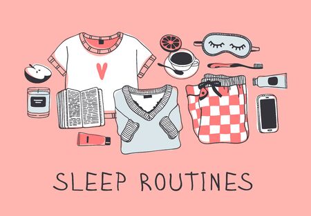 Hand drawn objects about Sleep Routines and text.Vector Cozy Illustration. Creative artwork. Set of doodle and quote SLEEP ROUTINESのイラスト素材