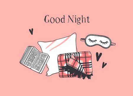 Hand drawn objects about Sleep Routines and text.Vector Cozy Illustration. Creative artwork. Set of doodle pillow and quote  GOOD NIGHTのイラスト素材