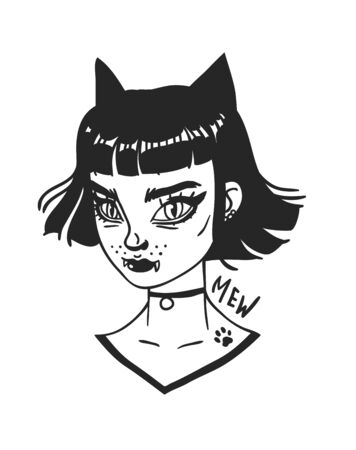 Hand Drawn portrait Stylish Cat Woman. Beautiful Fashion Illustration face on white background. Doodle Vector pattern attractive Teenager Halloween Girlのイラスト素材