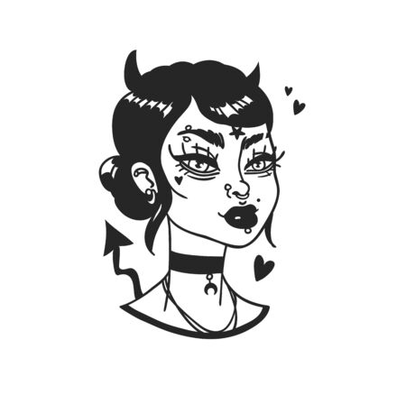 Hand Drawn portrait Stylish Devil Woman. Beautiful Fashion Illustration face on white background. Doodle Vector pattern attractive Halloween Teenager Girlのイラスト素材