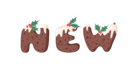 Cartoon vector illustration Christmas Pudding. Hand drawn font. Actual Creative Holidays bake alphabet and word NEWのイラスト素材