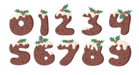 Cartoon vector illustration Christmas Pudding. Hand drawn font. Actual Creative Holidays bake alphabet and numbersのイラスト素材