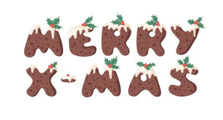 Cartoon vector illustration Christmas Pudding. Hand drawn font. Actual Creative Holidays bake alphabet and text MERRY X-MASのイラスト素材