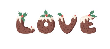 Cartoon vector illustration Christmas Pudding. Hand drawn font. Actual Creative Holidays bake alphabet and word LOVEのイラスト素材