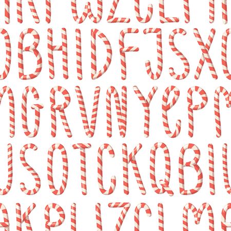 Cartoon vector illustration Christmas Candy Cane. Hand drawn seamless pattern with font. Actual Creative Holidays sweet alphabetのイラスト素材