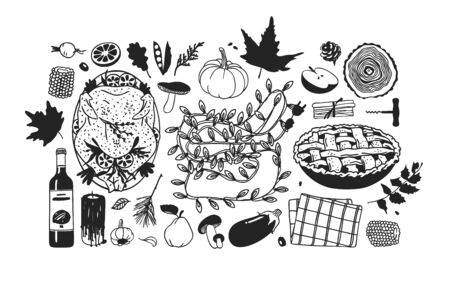 Hand drawn autumn holidays illustration. Creative ink art work. Actual vector black and white drawing. Thanksgiving Day set: food, drinks, thingsのイラスト素材