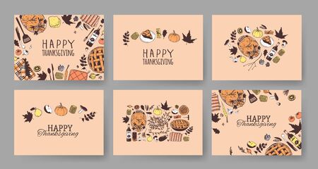Hand drawn autumn holidays illustration. Creative ink art work. Actual vector drawing. Thanksgiving Day set: food, drinks, thingsのイラスト素材