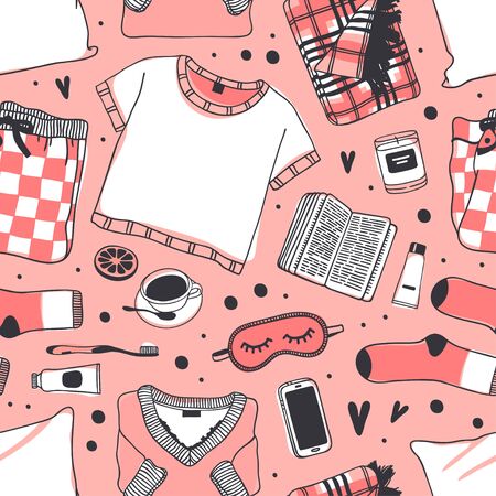 Hand drawn seamless pattern with objects about Sleep Routines.のイラスト素材