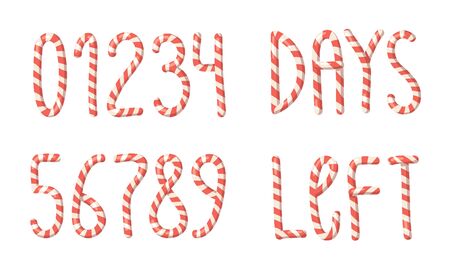 Cartoon illustration Christmas Candy Cane. Hand drawn font. Actual Creative Holidays sweet alphabet and word DAYS LEFT and numbersのイラスト素材