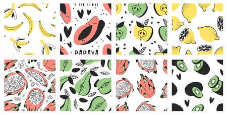 Hand drawn Big set of seamless patterns with vegetables and fruits.のイラスト素材