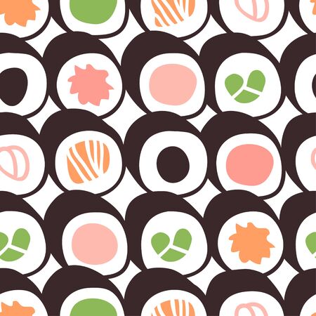 Hand drawn seamless pattern with sea food. Creative ink art work Asian dinner. Actual drawing sushi roll.のイラスト素材