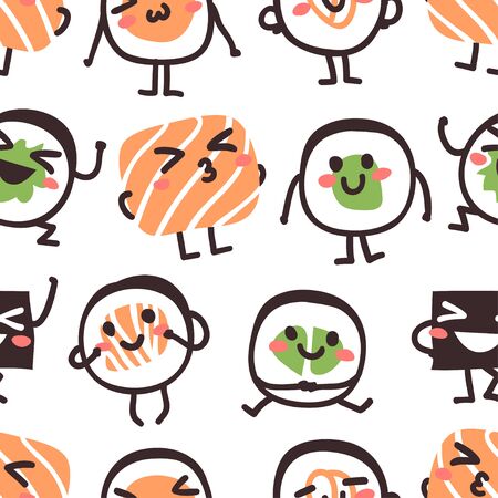 Hand drawn seamless pattern with sea food. Creative ink art work Asian dinner. Actual drawing sushi roll.のイラスト素材