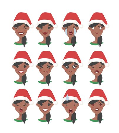 Drawing emotional african american character with Christmas hat. Cartoon style emotion icon. Flat illustration girl avatar with different facial expressions. Hand drawn vector emoticon women facesのイラスト素材