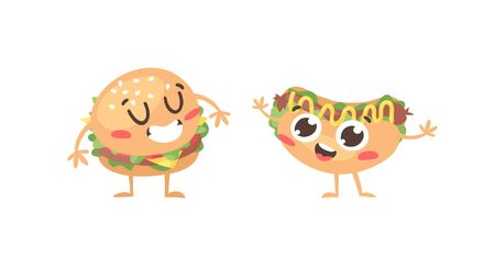 Cartoon drawing set of fast food emoji. Hand drawn emotional meal.Actual Vector illustration american cuisine. Creative ink art work burger and hot dogのイラスト素材