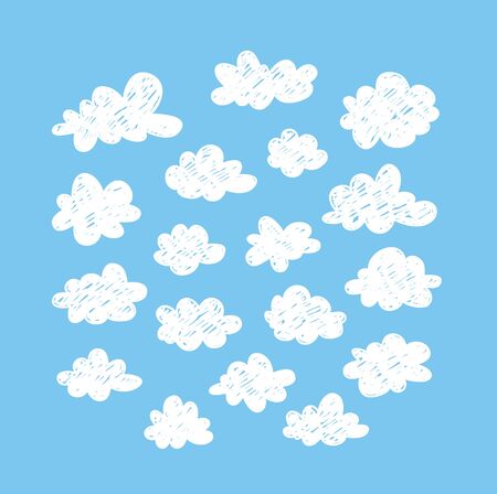 Set of funny clouds in doodle style on blue background. Hand drawn illustration cartoon sky. Creative art work. Actual vector weather drawingのイラスト素材