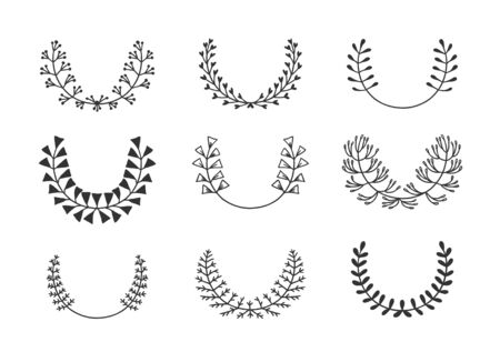 Hand drawn set of objects for design use. Black Vector doodle flower on white background.  Abstract pencil boho drawing twig. Artistic illustration elements plantのイラスト素材