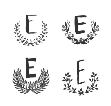 Hand drawn set of monogram objects for design use. Black Vector doodle flower on white background and Capital Letter E.  Abstract pencil boho drawing twig. Artistic illustration elements plantのイラスト素材