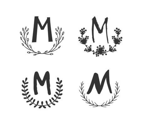 Hand drawn set of monogram objects for design use. Black Vector doodle flower on white background and Capital Letter M.  Abstract pencil boho drawing twig. Artistic illustration elements plantのイラスト素材