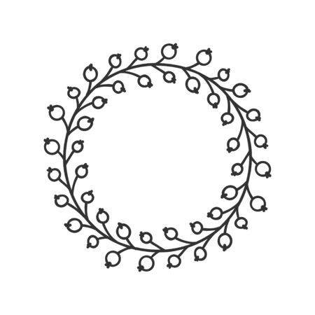 Hand drawn wreath for design use. Black Vector doodle flowers on white background. Abstract pencil boho drawing branch circle. Artistic illustration elements plant and bloomのイラスト素材