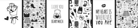 Set of Hand drawn Templates Fashion Cards with Romantic Objects and quote. Creative ink art work. Actual vector drawing of Holiday things. Happy Valentine's Day Illustrationのイラスト素材