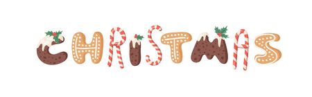 Cartoon vector illustration Christmas food. Hand drawn Word with sweet fonts. Actual Creative Holidays bake alphabetのイラスト素材