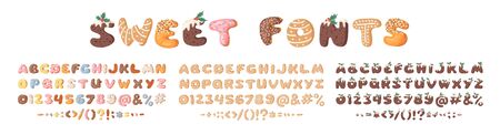 Three cartoon vector illustrations donuts, Christmas Dudding and Gingerbread Cookies. Hand drawn font with sweets. Actual Creative art bake alphabetのイラスト素材
