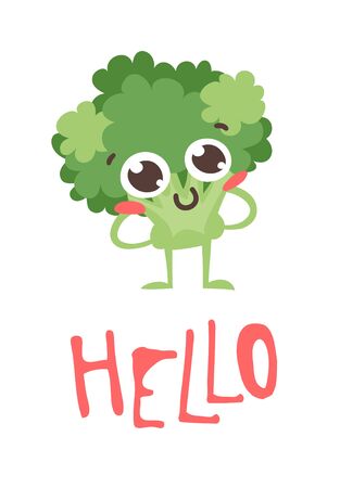 Cartoon drawing veggie emoji. Hand drawn emotional meal.Actual Vector illustration abroccoli. Creative ink art work food and word HELLOのイラスト素材
