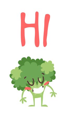 Cartoon drawing veggie emoji. Hand drawn emotional meal.Actual Vector illustration abroccoli. Creative ink art work food and word HIのイラスト素材