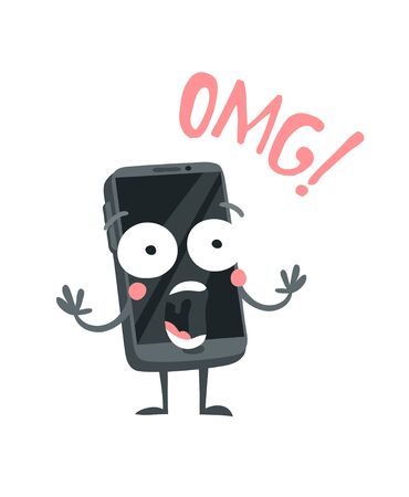 Cartoon drawing gadget  emoji. Hand drawn emotional phone.Actual Vector illustration character. Creative ink art work and word  OMGのイラスト素材